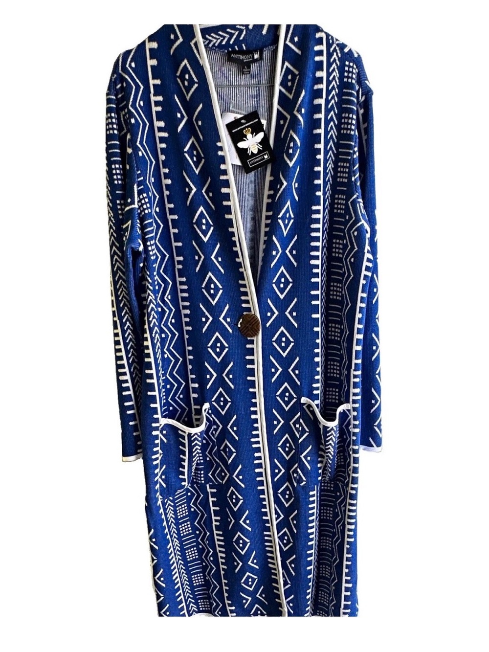 Antthony Women's L Blue/White Geometric Knit Cardigan Sweater Pockets<<<<447>>>>